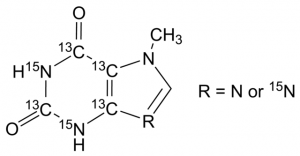 7-Methylxanthine-2,4,5,6-13C4, 1,3-15N2 (with variable 15N labeling at N9) 