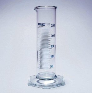 Pyrex Measuring cylinder, class B, squat form, heavy duty rim, blue graduations SLW3285-25-2EA