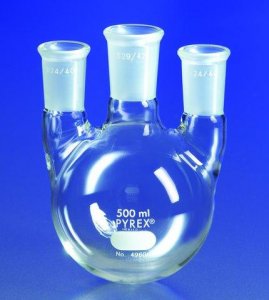 Pyrex round-bottom three neck vertical unequal height flask 