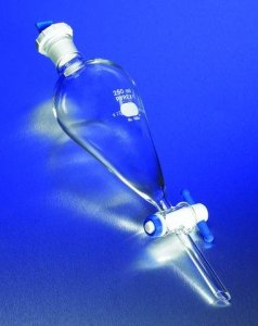 Pyrex Squibb separatory funnel, PE stopper, PTFE stopcock 