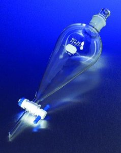 Pyrex Squibb separatory funnel, Pyrex jointed stopper, PTFE stopcock 