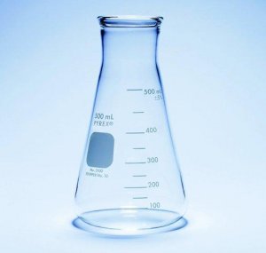 Pyrex Erlenmeyer flask, wide neck, heavy duty, with printed trace code SLW5100-125-12EA