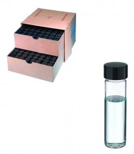 WHEATON clear sample vial with PTFE faced rubber lined cap packed in partitioned tray DWKW224584-144EA